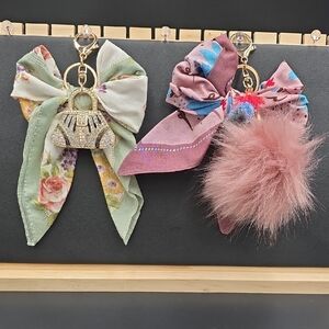 Elegant Floral and Pink Bow Keychain Set